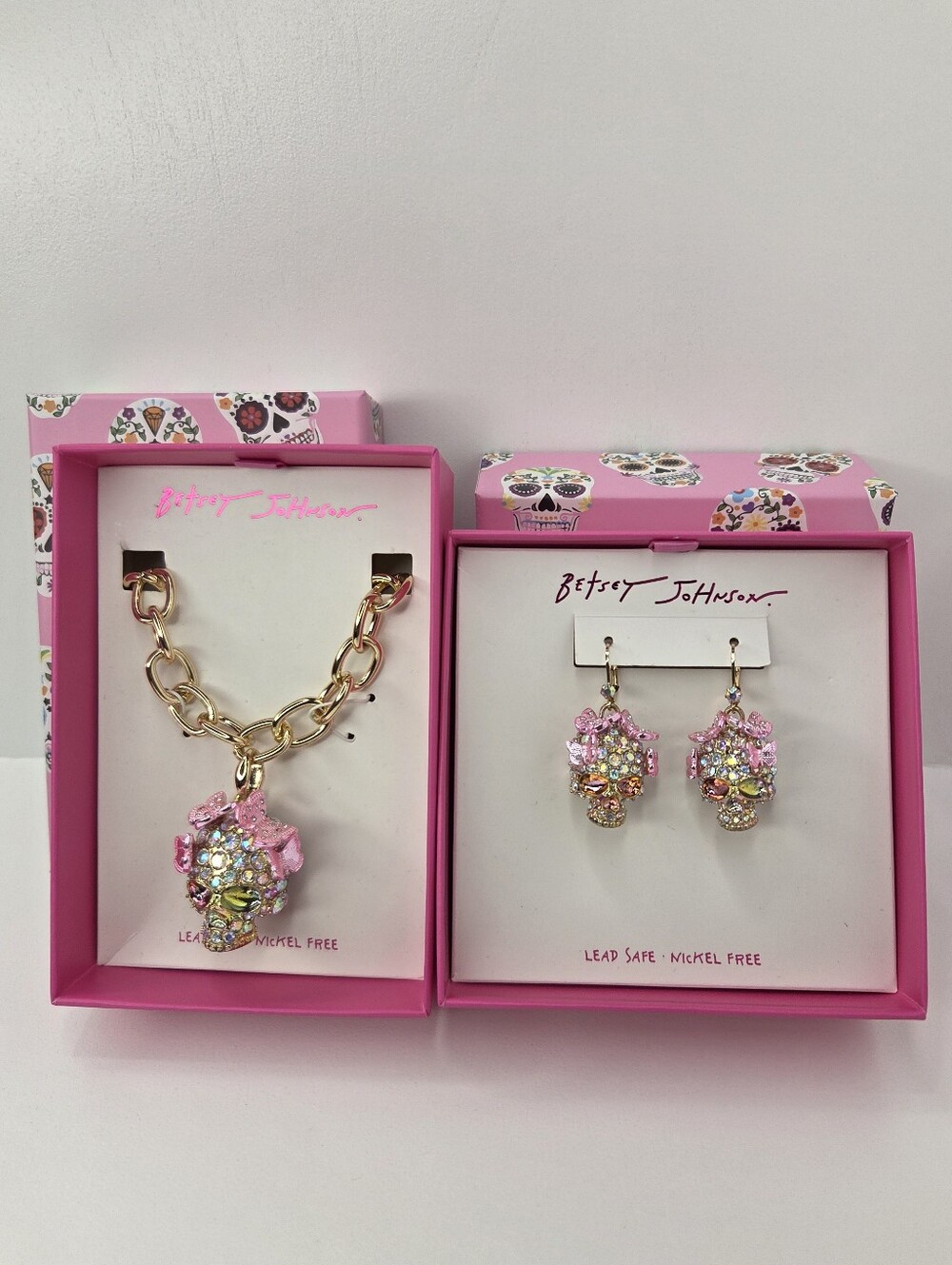 💕▪️Betsey Johnson  Pink Butterfly Crystal Skull Pendant Necklace Earrings Set